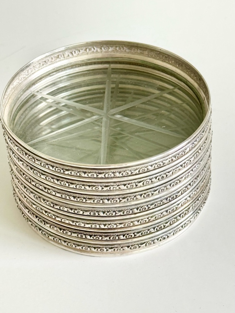 GEOMETRIC PIERCED SET 7 STERLING AND CRYSTAL DRINK COASTERS BY WEBSTER & CO